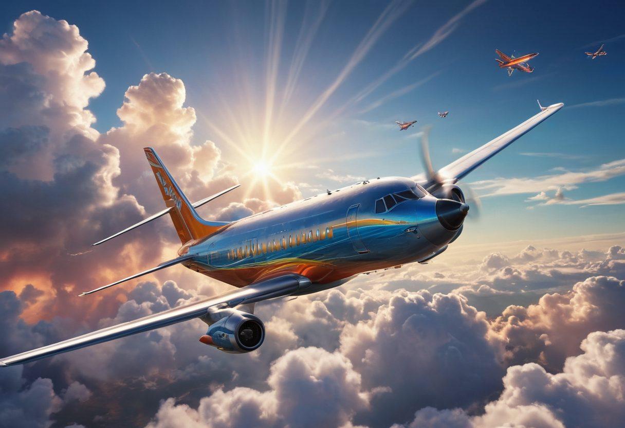 A dynamic scene showcasing an airplane taking off, seamlessly transitioning into a film reel cascading downwards, illustrating the fusion of flight and cinematic visuals. In the background, a vibrant sky filled with clouds morphs into a movie theater setting, complete with seats and a large screen displaying aerial views. The colors should be bright and engaging, capturing the essence of adventure and creativity. super-realistic. vibrant colors. cinematic style.