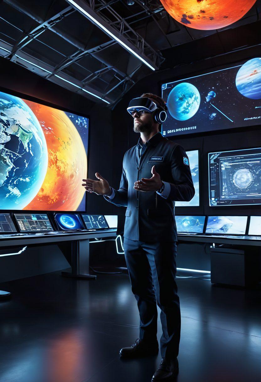 A dynamic scene showcasing an aerospace engineer with a futuristic headset, immersed in interactive multimedia storytelling. In the background, vivid visuals of planets, satellites, and aircraft dynamics are displayed on holographic screens. Include elements of virtual reality and collaboration, highlighting the fusion of aerospace technology and storytelling. Bright, engaging colors to emphasize creativity and innovation. super-realistic. vibrant colors. 3D.