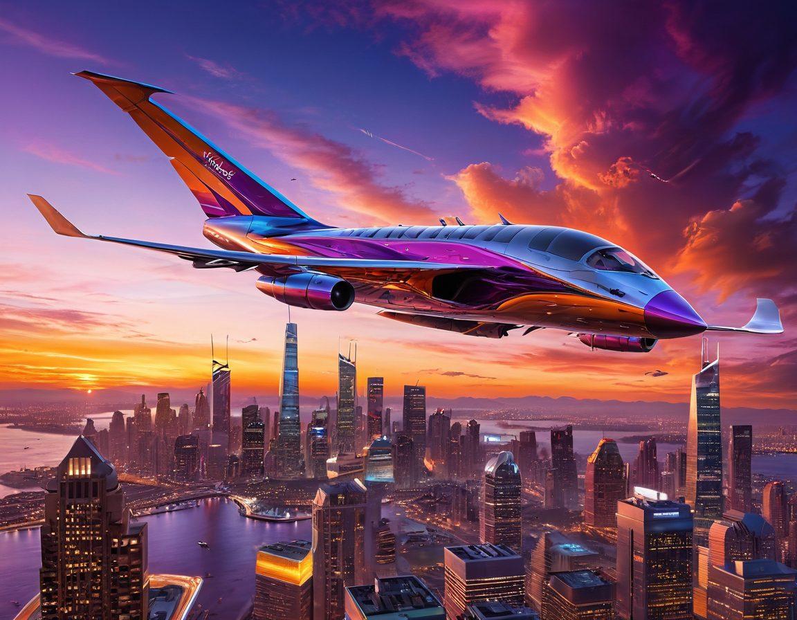 A futuristic aircraft soaring through a vibrant sunset sky, with film reels and cinematic elements swirling around it. In the background, a city skyline showcases innovative architecture symbolizing aerospace advancements. The scene captures the excitement of flight and the magic of storytelling intertwined. hyper-realistic. vibrant colors. cinematic. dynamic composition.